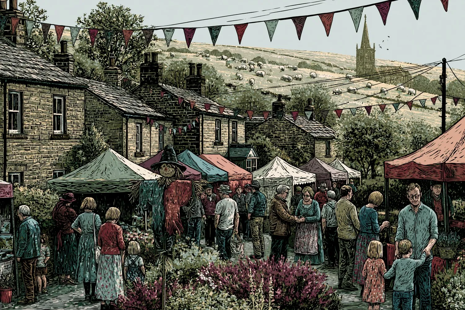 An illustration of a Farnley Tyas summer gathering: bunting between stone cottages, a scarecrow, stalls and villagers, with sheep on the hill and the church spire beyond.