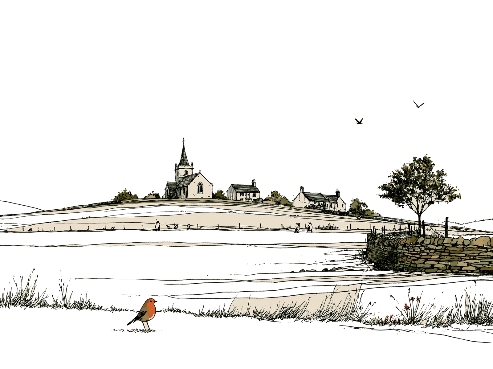 An ink-line drawing of Farnley Tyas on its hill: the church and spire, stone cottages, a dry-stone wall and a tree, with a robin in the foreground.
