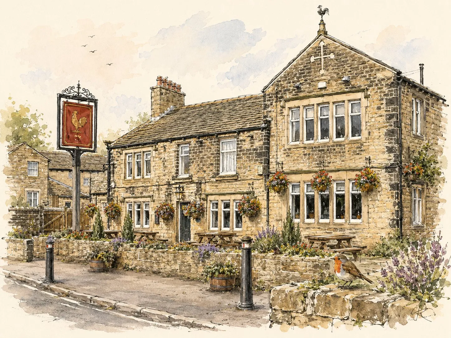 A watercolour of the village pub, the Golden Cock, with its hanging sign, flower baskets and a robin on the wall.