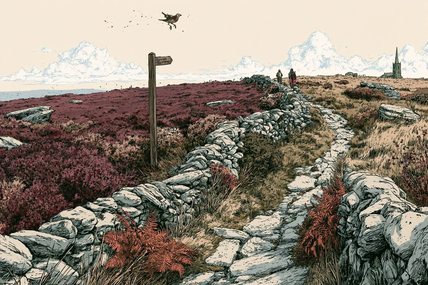 An illustration of a dry-stone wall and a fingerpost beside a moorland path, with heather, ferns, walkers and a distant church spire.