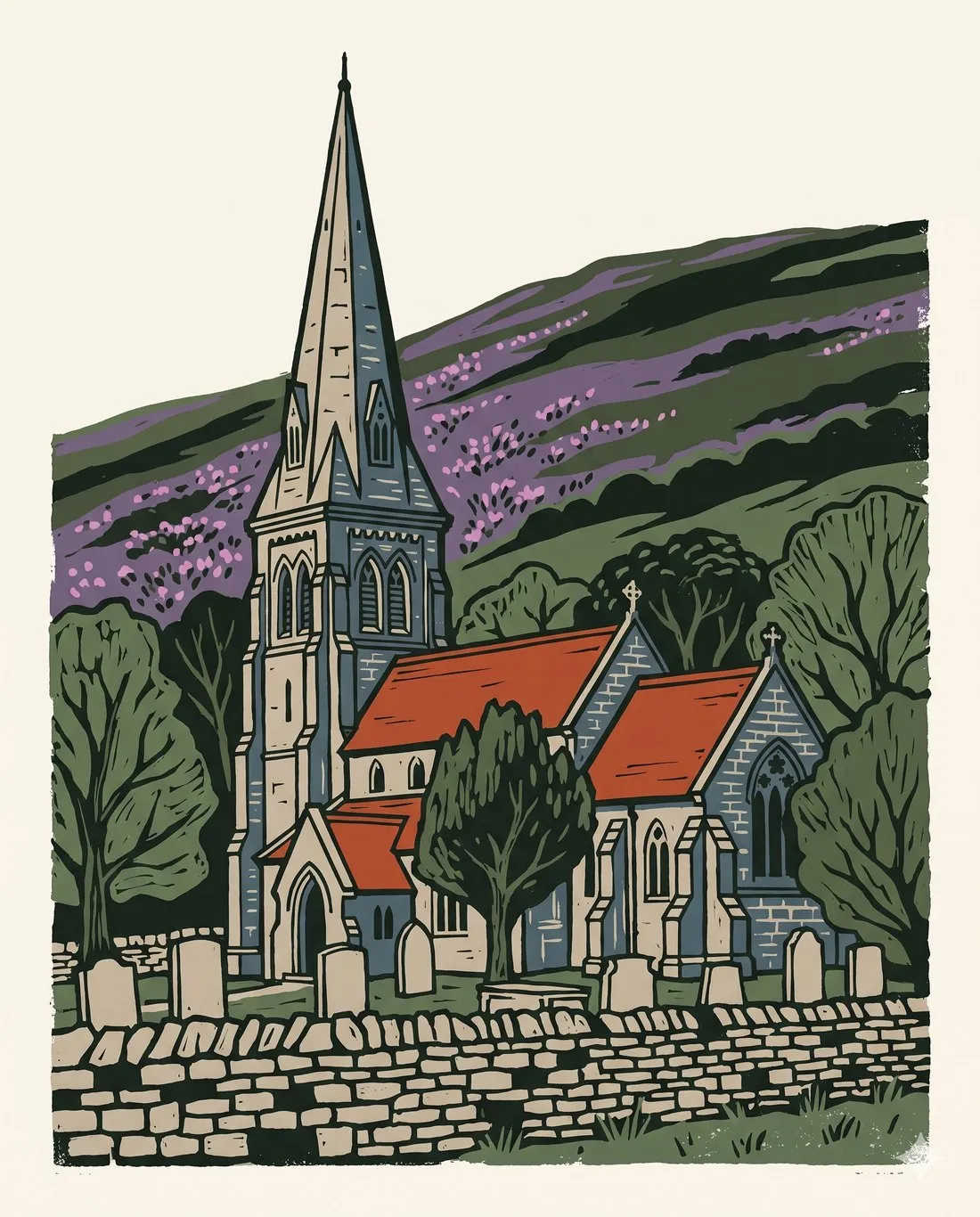 A linocut print of St Lucius' Church, Farnley Tyas: its tall stone spire, terracotta roofs and the heather hillside behind.