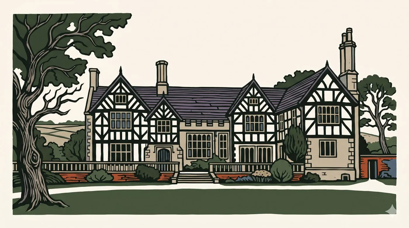 A linocut print of Woodsome Hall, the timber-framed Tudor manor house, set among old trees.